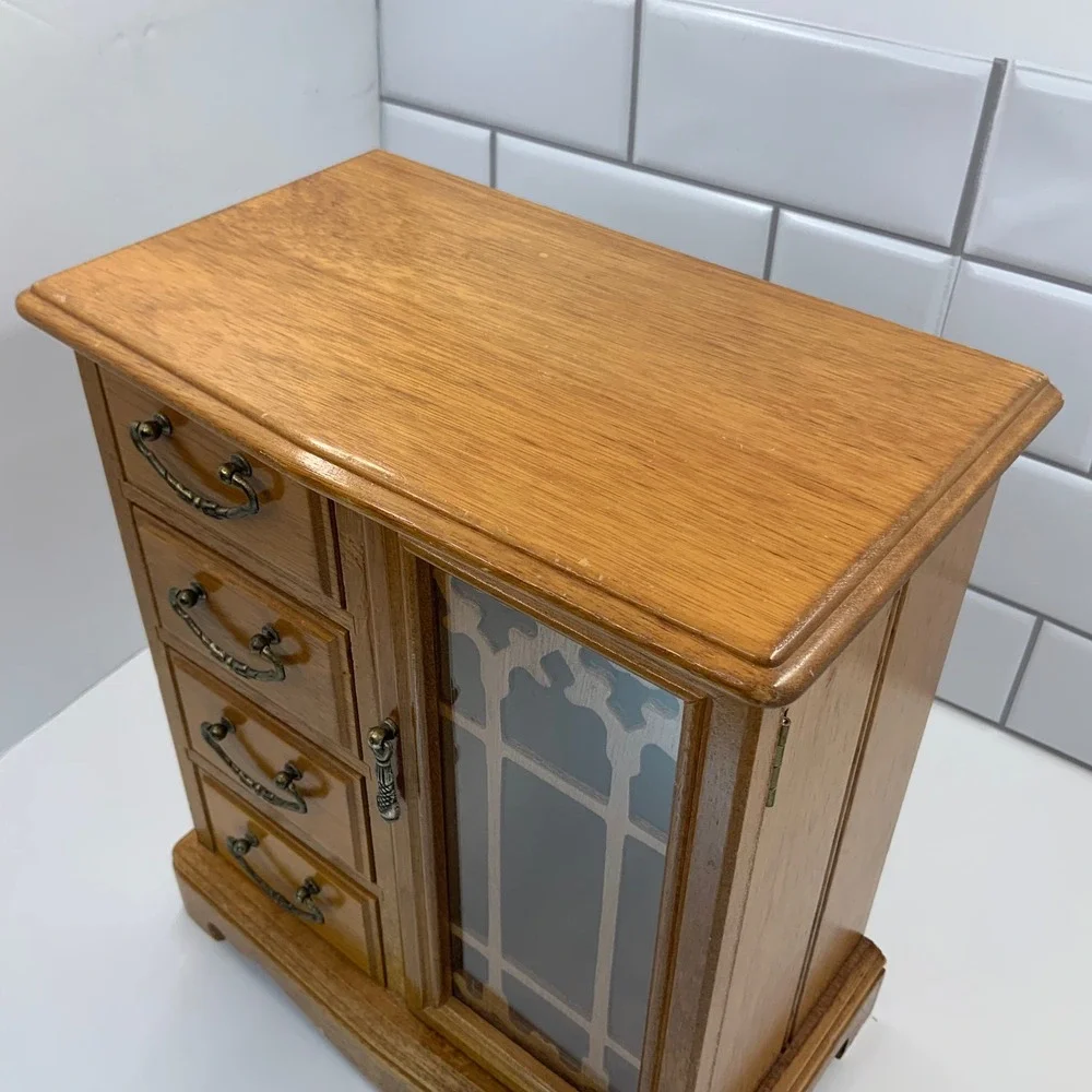 Vintage Wood Jewelry Armoire Chest Box Organizer 11.25x9.75x5.5in